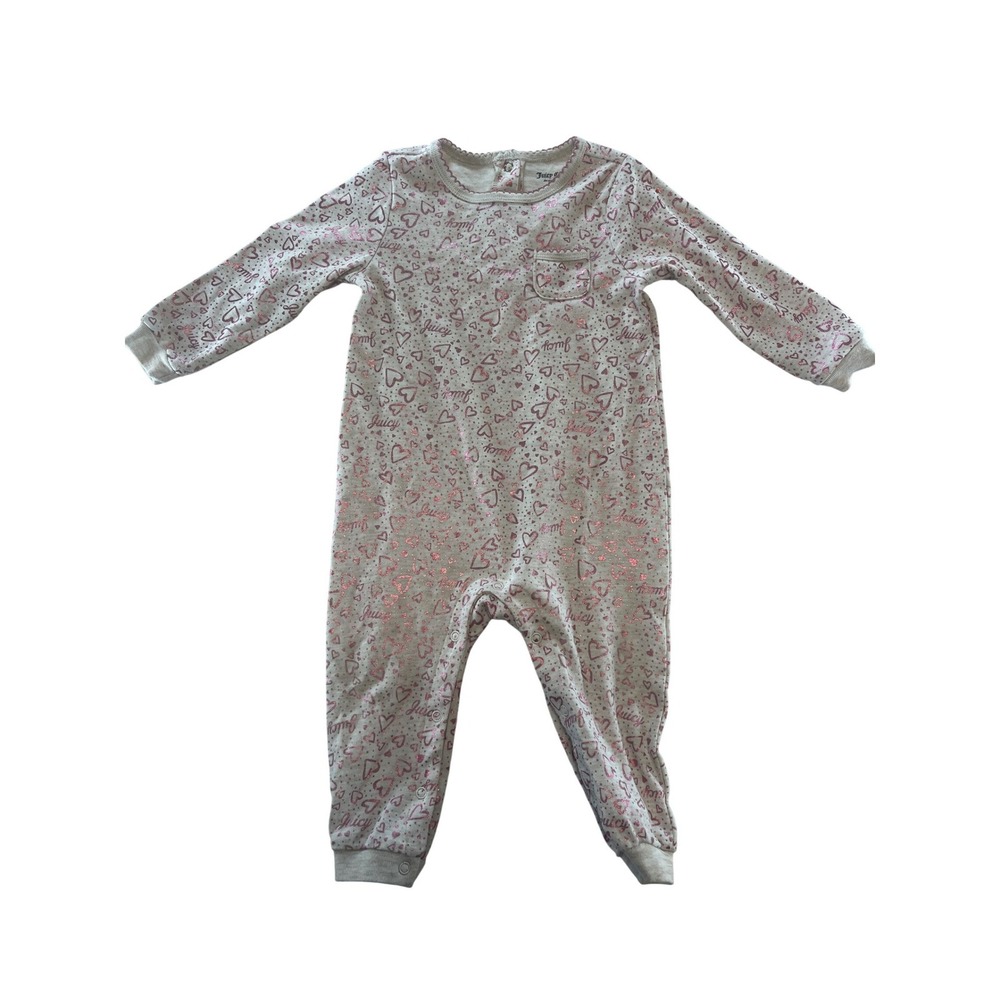 Juicy Couture Kids Girls 18M White Pink Glitter Heart‎ Print Long Sleeve Romper